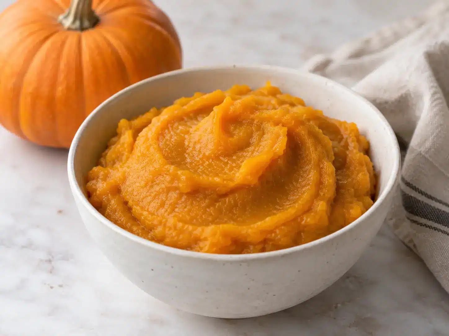 Bowl of smooth homemade pumpkin puree with a small sugar pumpkin in the background
