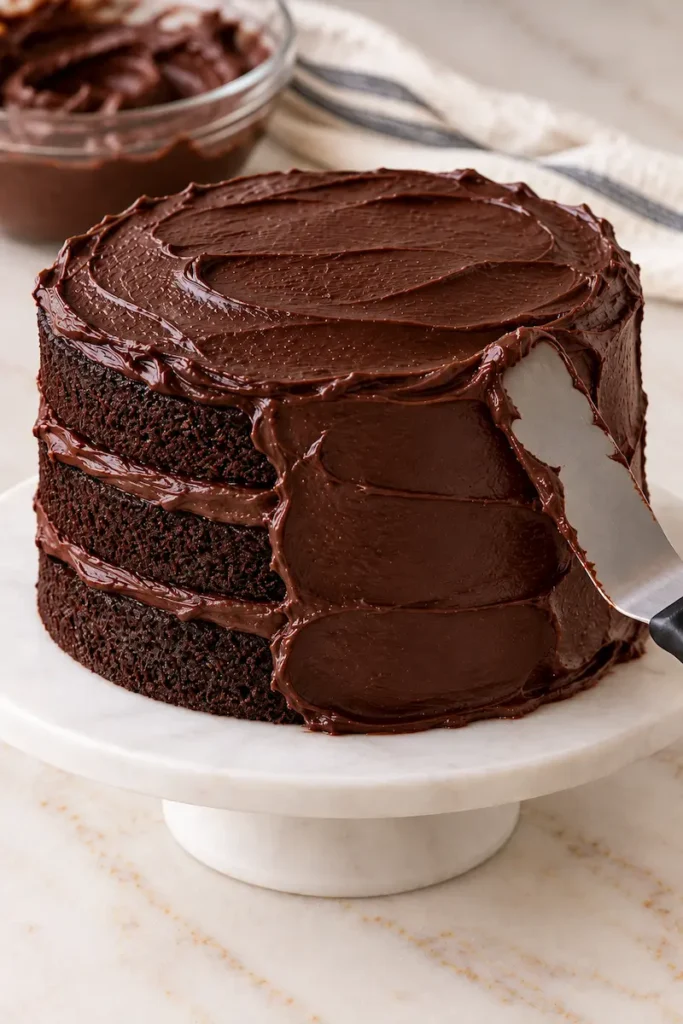 Three-layer Linda’s Fudge Cake being covered with chocolate fudge frosting using a spatula