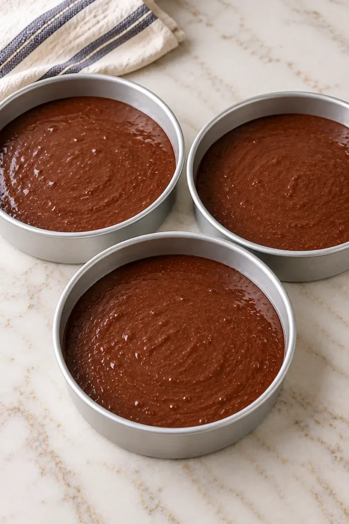 Chocolate batter for Linda’s Fudge Cake recipe divided evenly between three 8-inch round cake pans