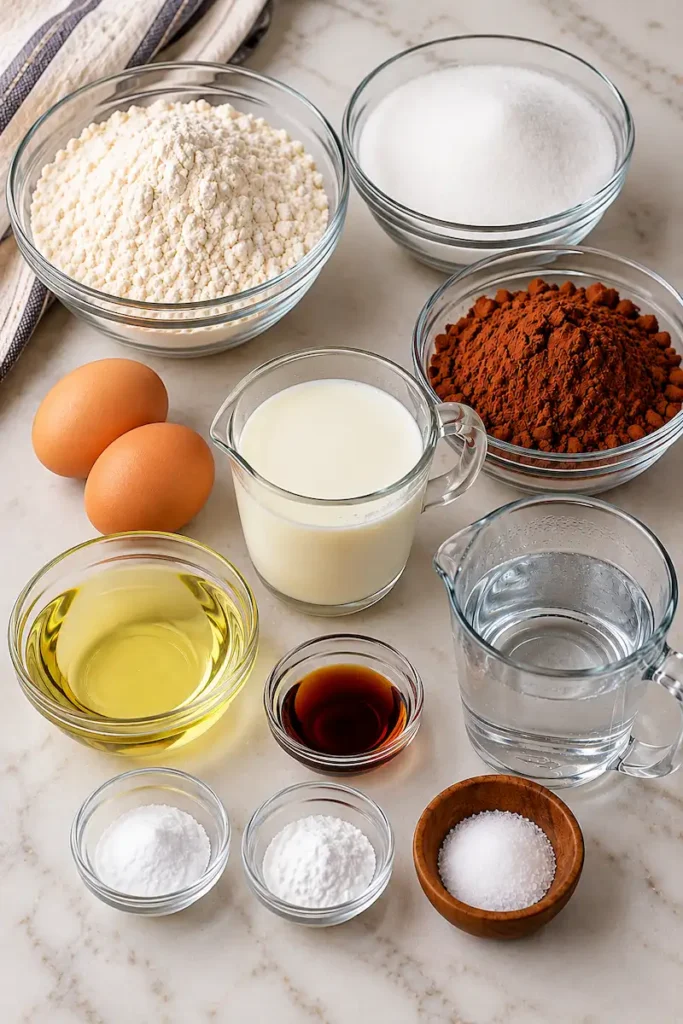 Chocolate cake ingredients for Linda’s Fudge Cake recipe, including flour, sugar, cocoa, eggs, buttermilk, oil, vanilla, water, baking soda, baking powder, and salt
