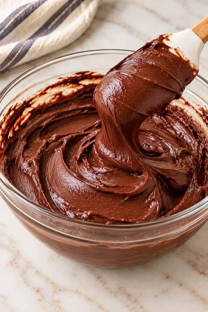 Thick and glossy chocolate fudge frosting for Linda’s Fudge Cake recipe lifting from a spatula
