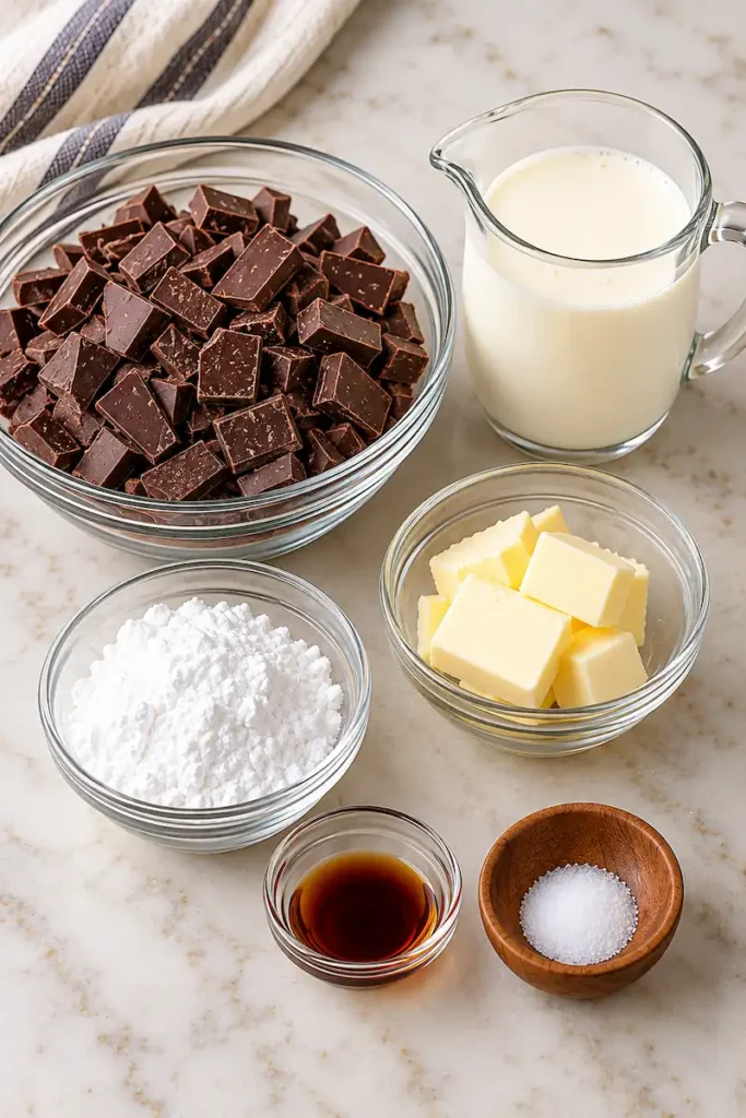 Fudge frosting ingredients for Linda’s Fudge Cake recipe, including semisweet chocolate, heavy cream, butter, powdered sugar, vanilla, and salt