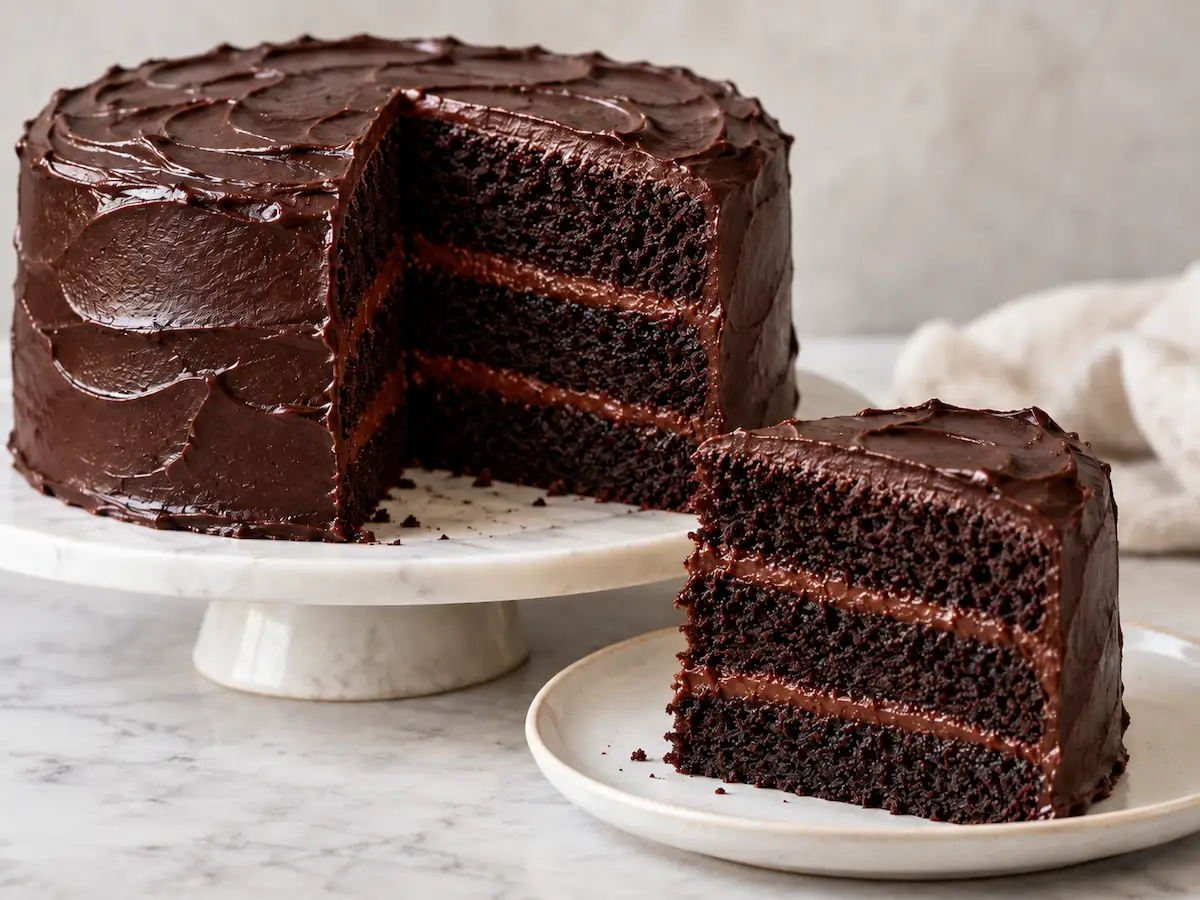 Linda’s Fudge Cake recipe with three chocolate cake layers and fudge frosting