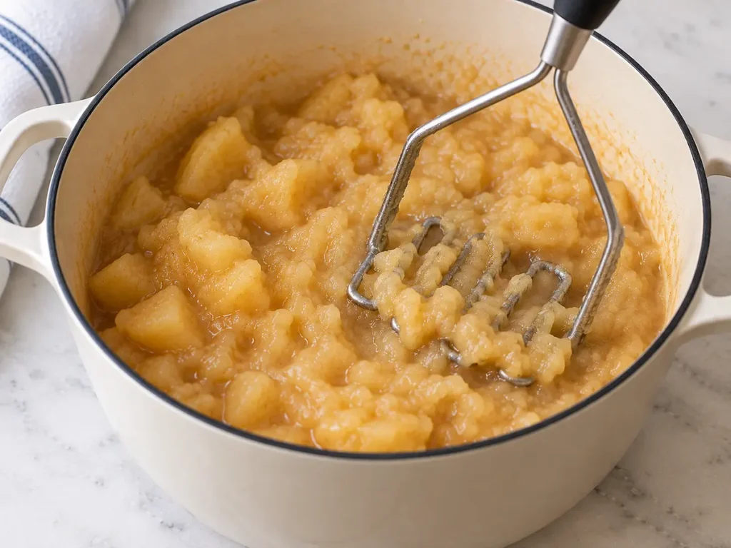 Soft cooked apples being mashed in a pot for homemade applesauce