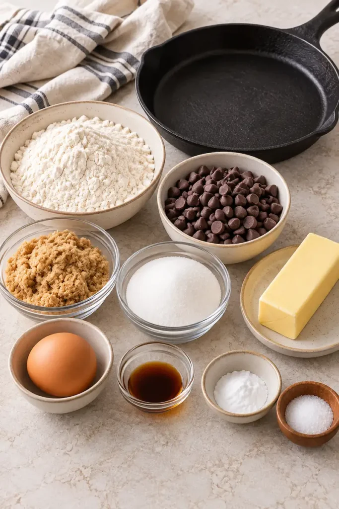 Ingredients for a homemade chocolate chip pizookie with flour, butter, sugars, egg, vanilla, baking soda, salt, and chocolate chips