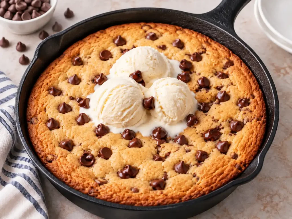 Chocolate chip pizookie baked in a cast-iron skillet with three scoops of melting vanilla ice cream
