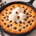 Chocolate chip pizookie baked in a cast-iron skillet with three scoops of melting vanilla ice cream