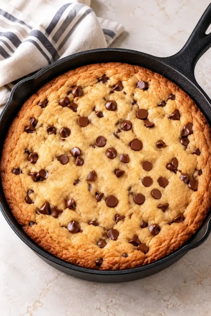 Freshly baked chocolate chip pizookie resting in a cast-iron skillet