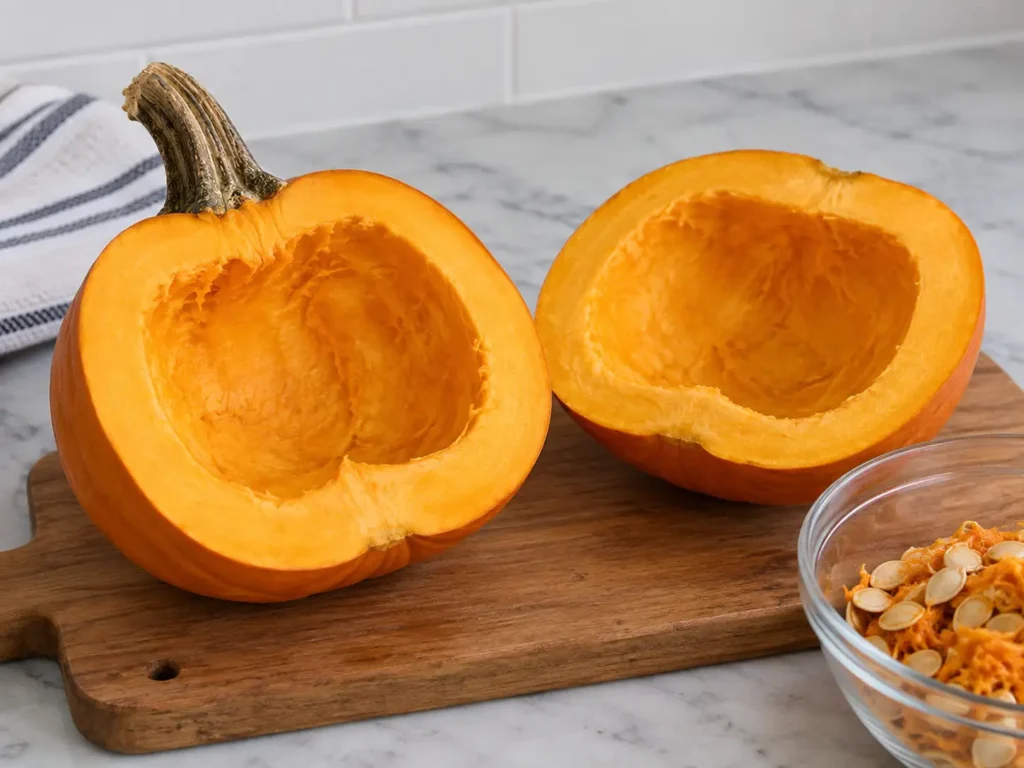Sugar pumpkin halves with seeds and stringy pulp removed on a cutting board