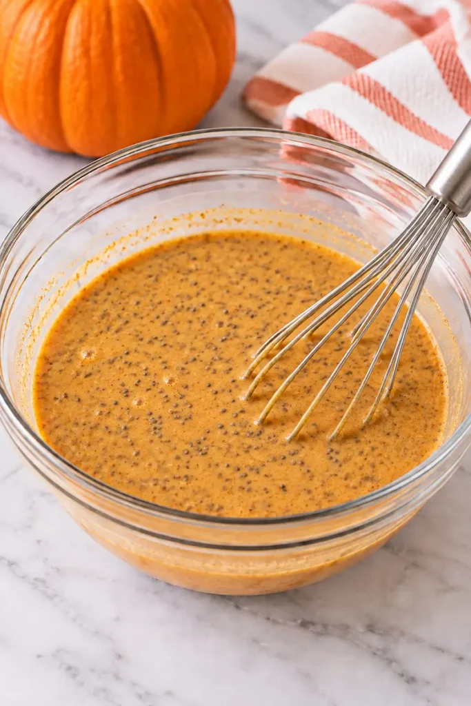 Pumpkin chia pudding mixture with chia seeds evenly stirred in