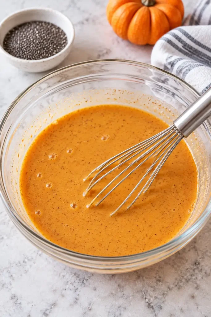 Pumpkin chia pudding base mixed with milk, pumpkin puree, maple syrup, pumpkin pie spice, vanilla, and salt