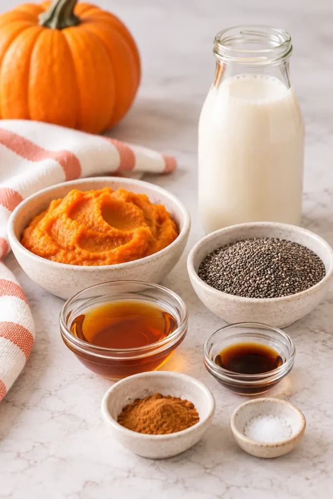Ingredients for pumpkin chia pudding with pumpkin puree, chia seeds, milk, maple syrup, vanilla, pumpkin pie spice, and salt