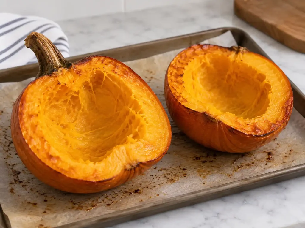 Roasted sugar pumpkin halves with soft golden flesh on a parchment-lined baking sheet