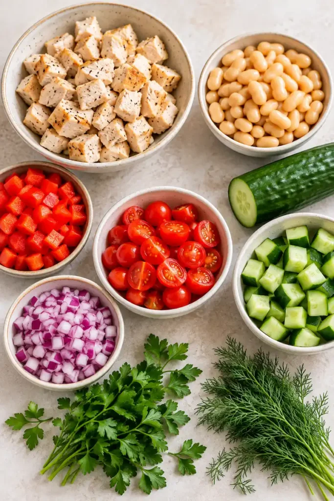 Ingredients for scoopable salad with chicken, cannellini beans, cucumber, red bell pepper, cherry tomatoes, red onion, parsley, and dill