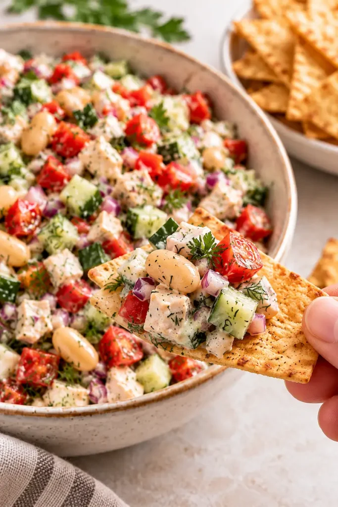 Scoopable salad with chicken and white beans served on a sturdy chip