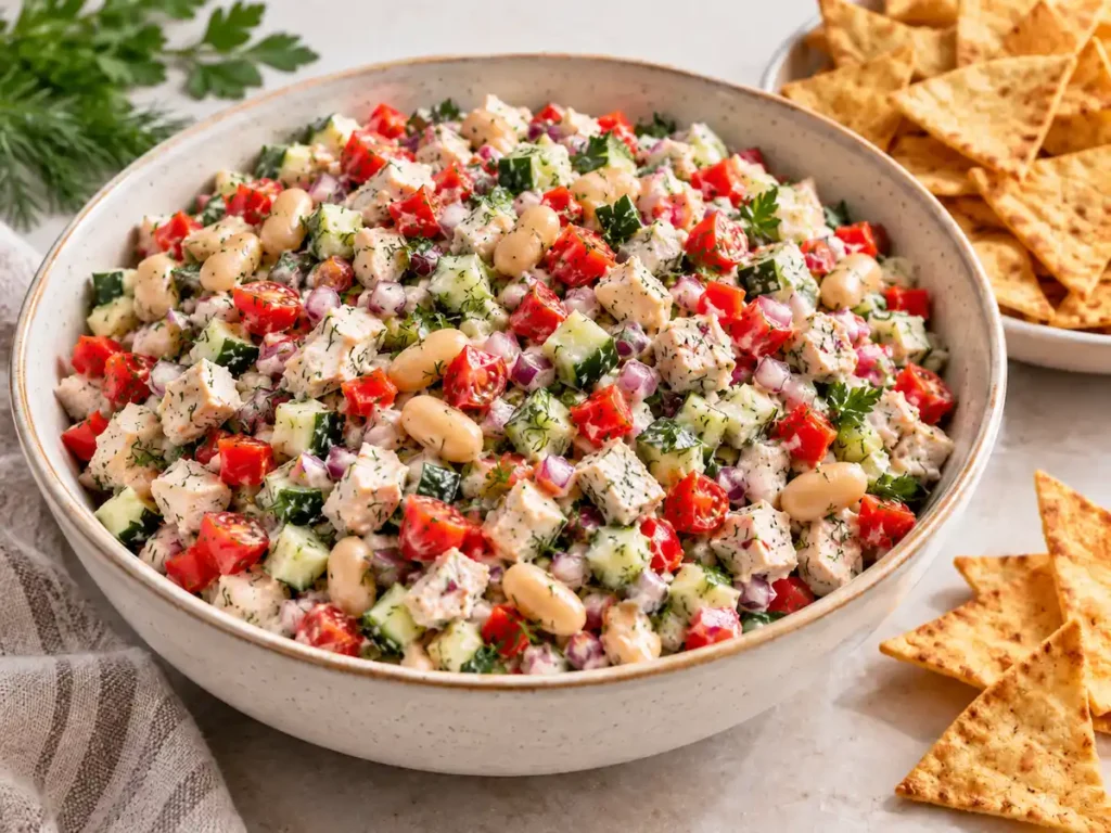 Scoopable salad with chicken, cannellini beans, cucumber, tomatoes, red bell pepper, red onion, herbs, and tortilla chips