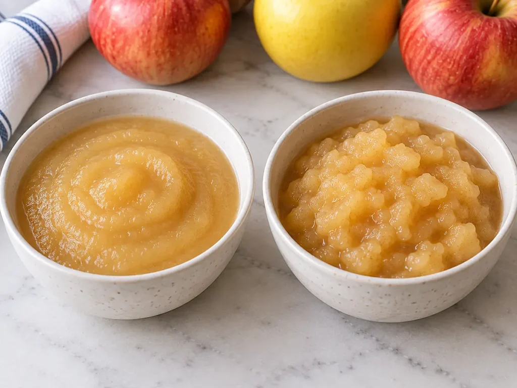 Smooth and chunky homemade applesauce in two bowls