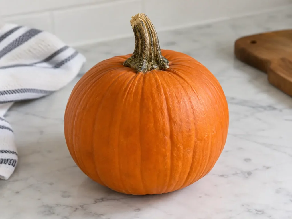 Whole sugar pumpkin on a kitchen counter for homemade pumpkin puree