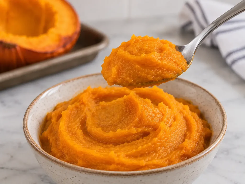 Spoonful of thick homemade pumpkin puree holding its shape above a bowl