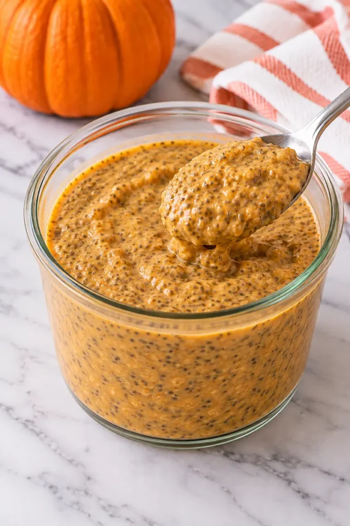 Thick pumpkin chia pudding in a glass container with a spoon showing the set texture