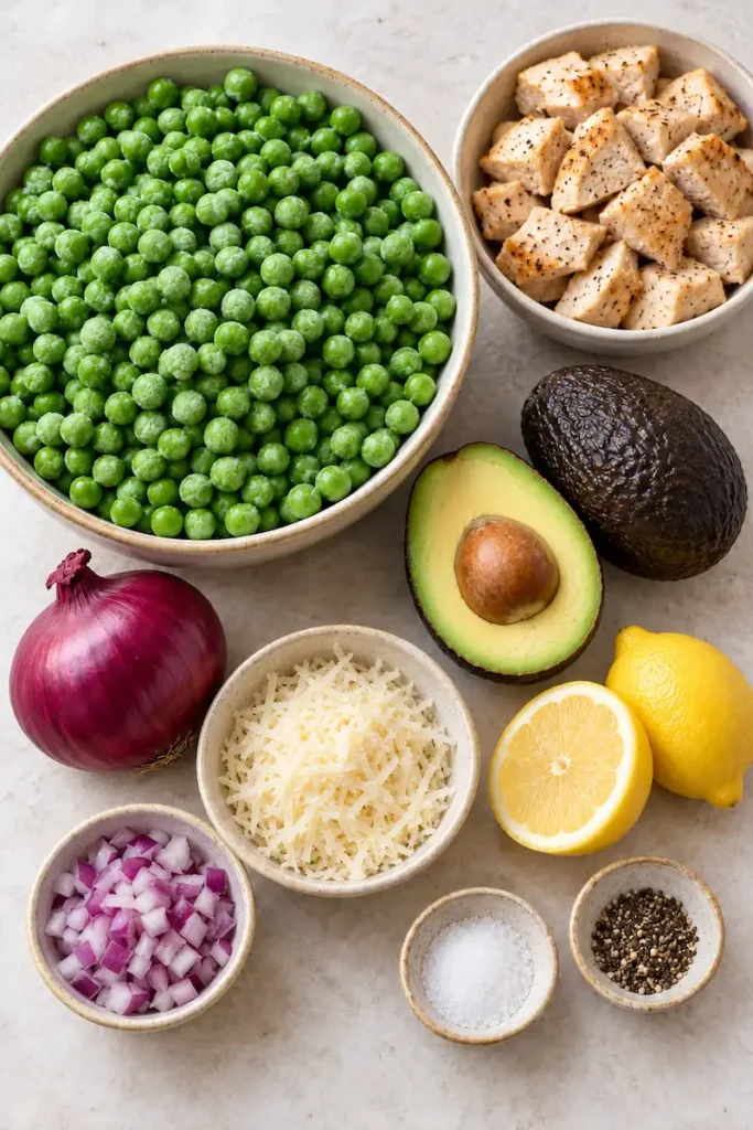 Ingredients for viral chicken and peas with frozen peas, cooked chicken, avocado, red onion, Parmesan, lemon, salt, and black pepper