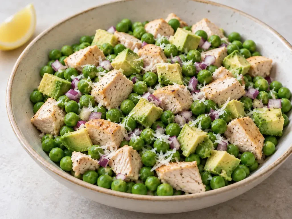 Viral chicken and peas recipe with cooked chicken, avocado, Parmesan, and red onion