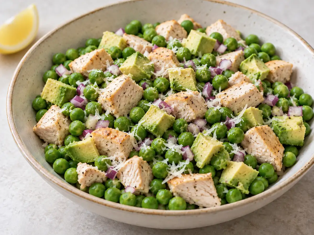 Viral chicken and peas recipe with cooked chicken, avocado, Parmesan, and red onion