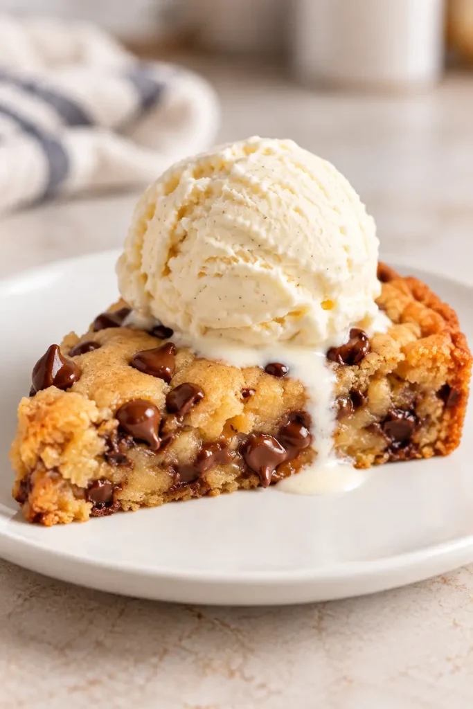Warm chocolate chip pizookie slice served on a white plate with a scoop of vanilla ice cream