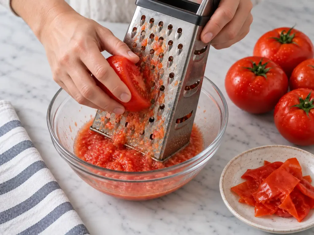 Fresh tomato being grated over a bowl for quick tomato sauce