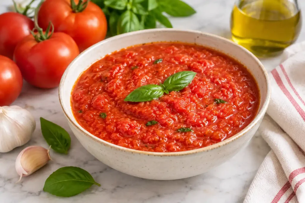 Bowl of quick fresh tomato sauce made with ripe tomatoes