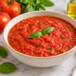 Bowl of quick fresh tomato sauce made with ripe tomatoes