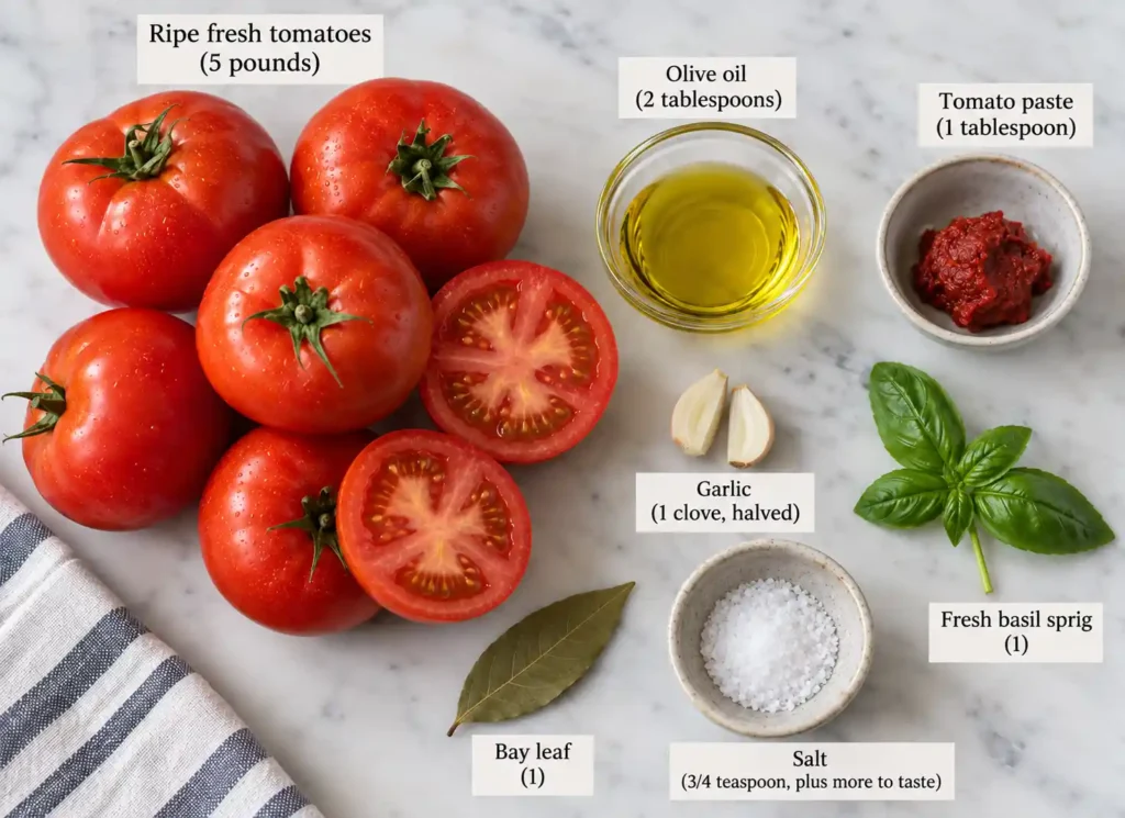 Ingredients for quick fresh tomato sauce with tomatoes, olive oil, tomato paste, garlic, basil, bay leaf, and salt