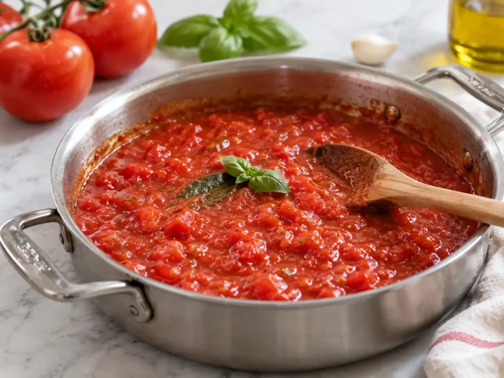 Fresh tomato sauce simmering in a wide pan with basil and bay leaf