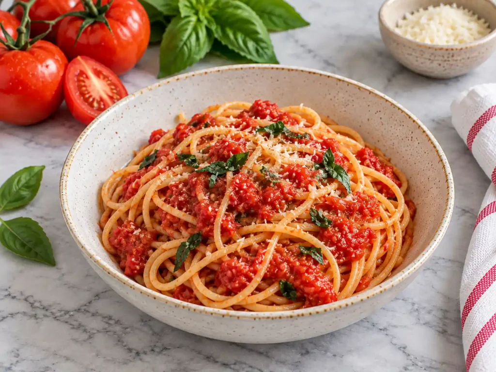 Spaghetti served with quick fresh tomato sauce, basil, and grated Parmesan