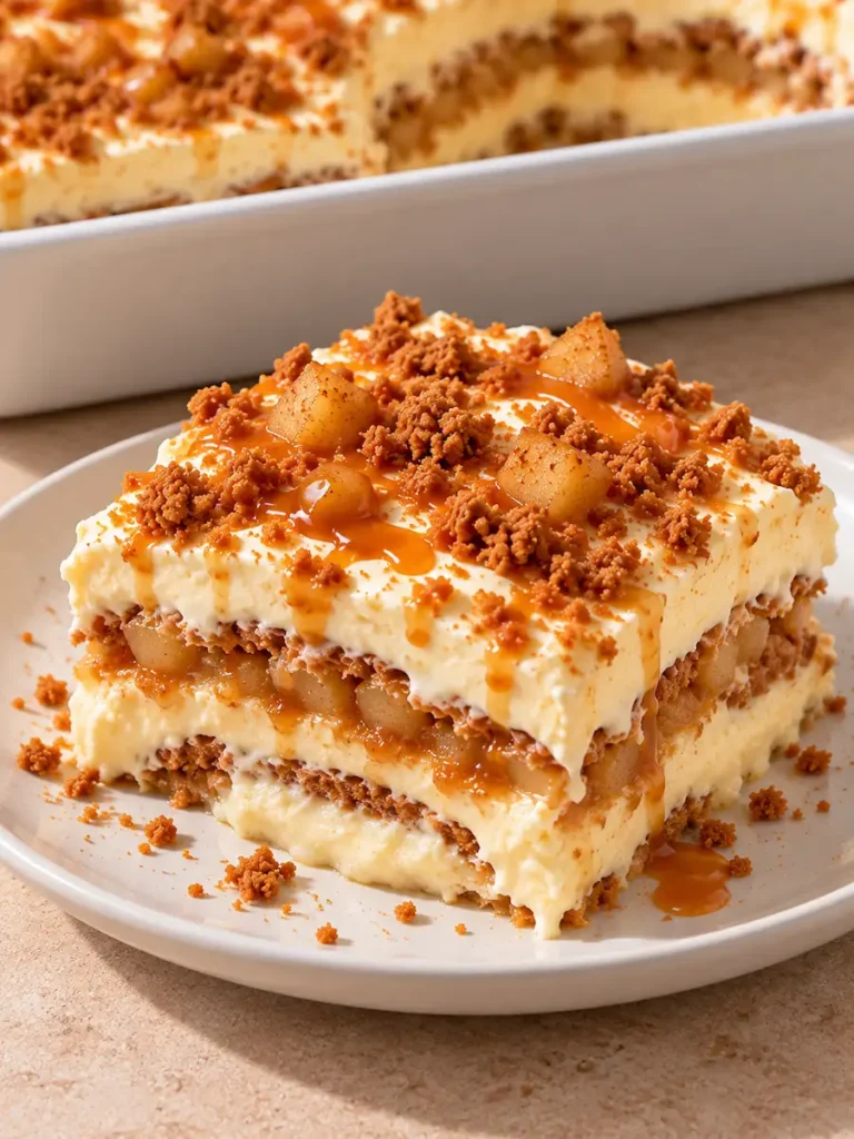 Slice of apple Biscoff pudding on a white plate, showing creamy vanilla layers, cinnamon apples, Biscoff cookies, and caramel drizzle.