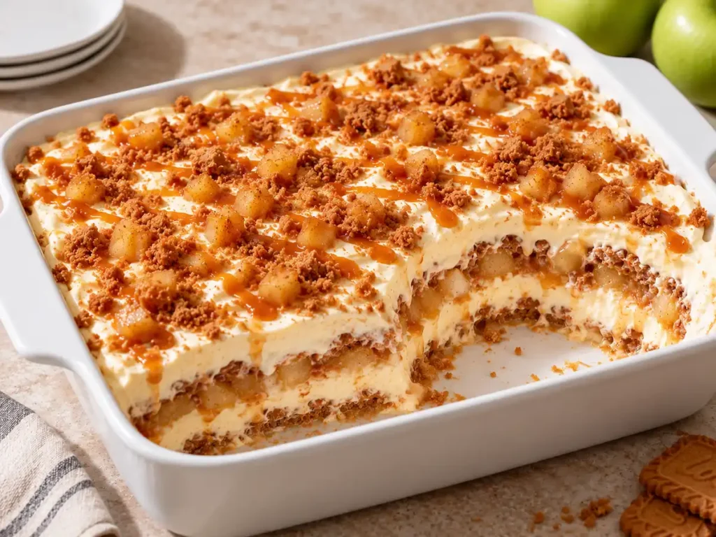 Apple Biscoff pudding with vanilla cream, cinnamon apples, Biscoff cookies, and caramel in a white baking dish.