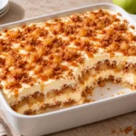 Apple Biscoff pudding with vanilla cream, cinnamon apples, Biscoff cookies, and caramel in a white baking dish.