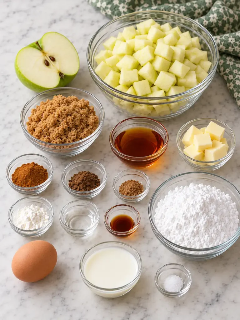 Granny Smith apples, brown sugar, maple syrup, butter, spices, cornstarch, vanilla, egg, milk, powdered sugar, water, and salt for twisted apple pie rolls