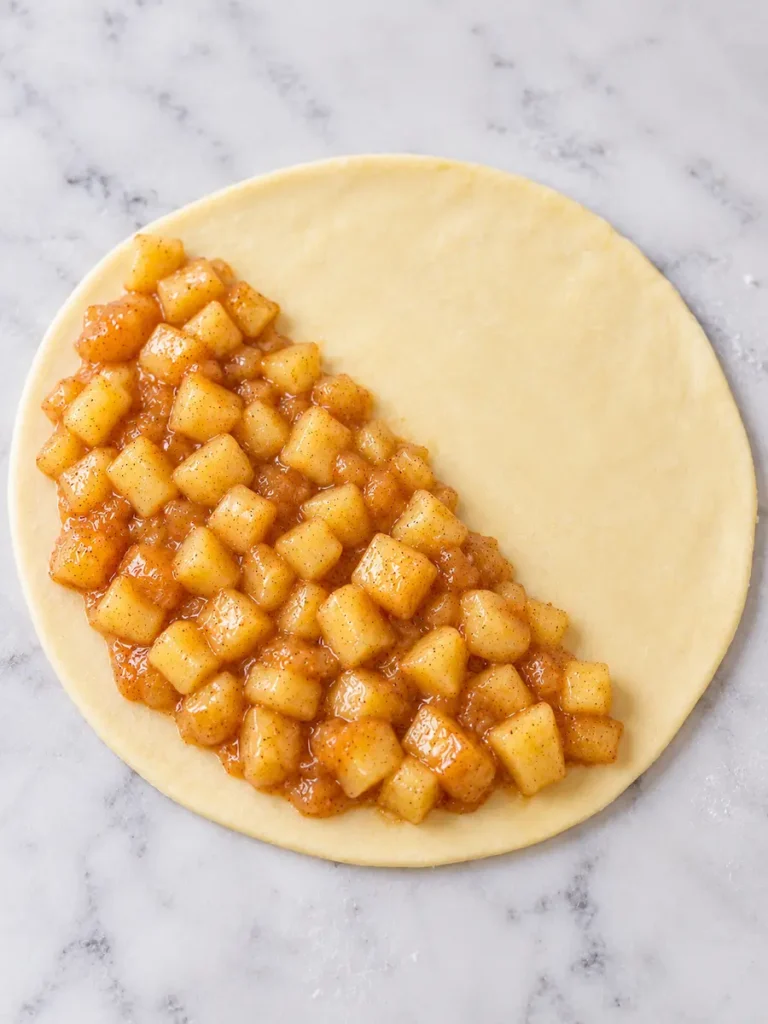 Cinnamon apple filling spread over one half of a round of dough for twisted apple pie rolls