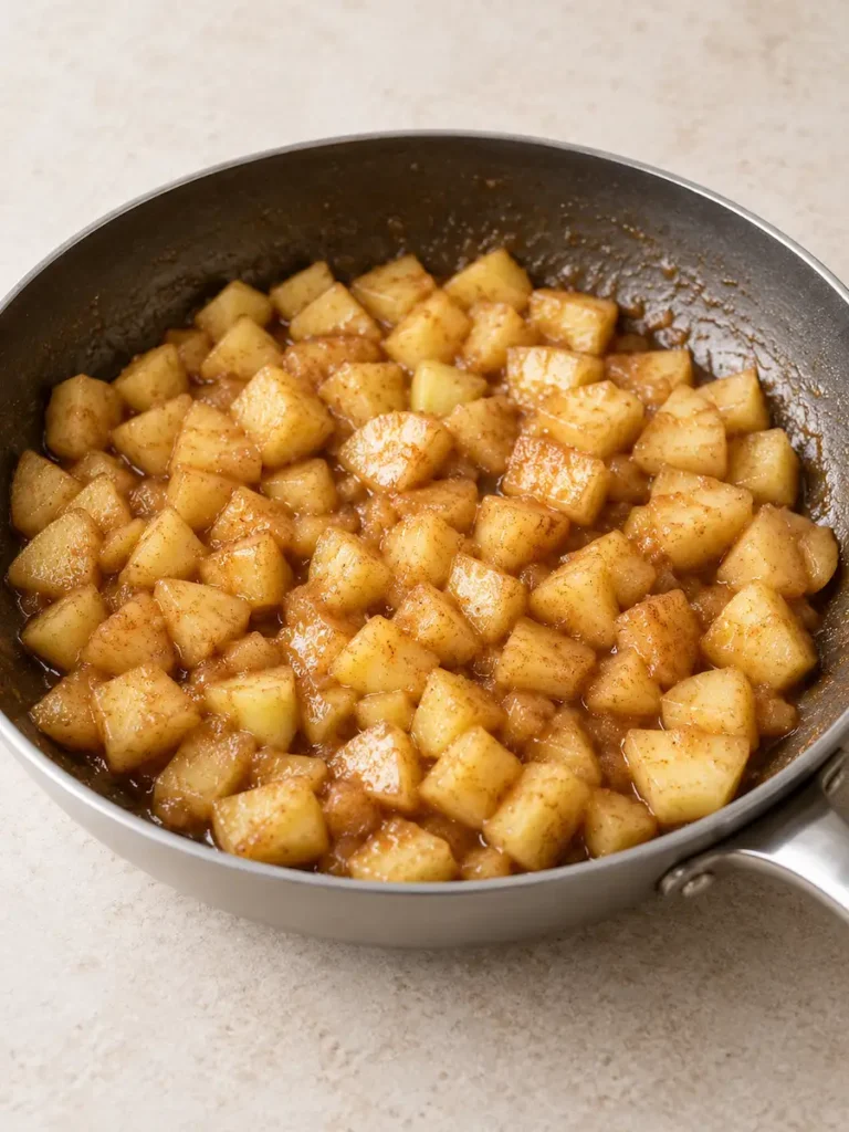 Diced Granny Smith apples coated in a thick cinnamon sauce in a skillet.