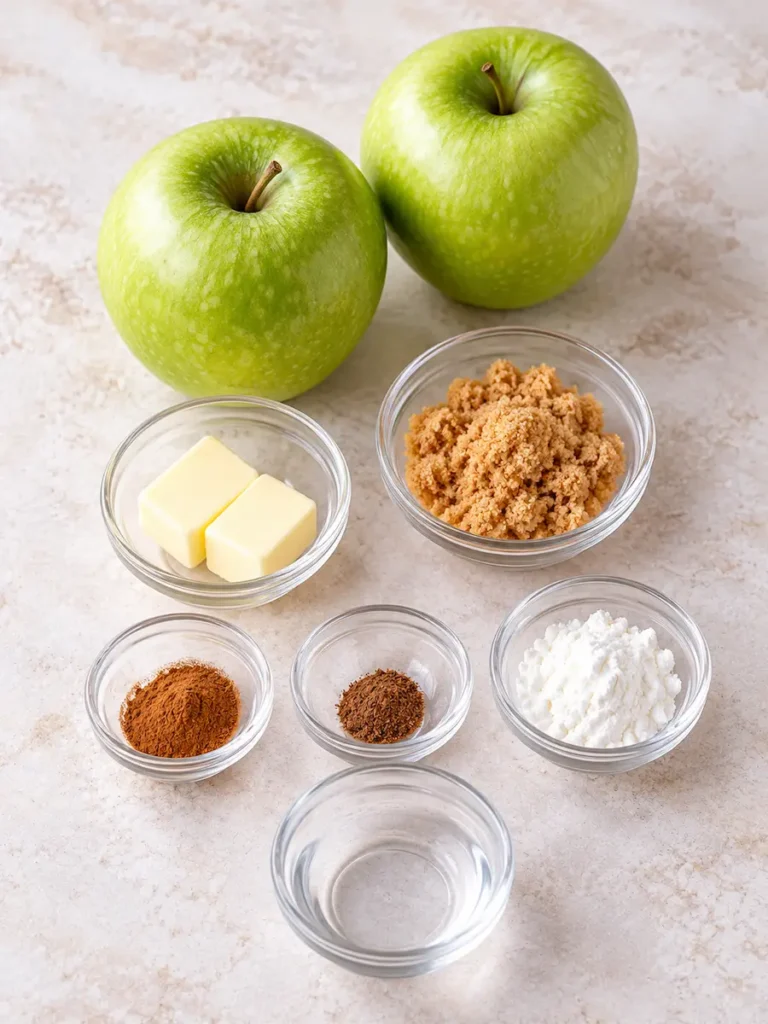 Two Granny Smith apples with butter, brown sugar, cinnamon, nutmeg, cornstarch, and water in small bowls.