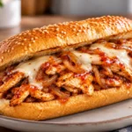 Sesame sub roll filled with sliced chicken, melted white American cheese, caramelized onions, and red spicy glaze.