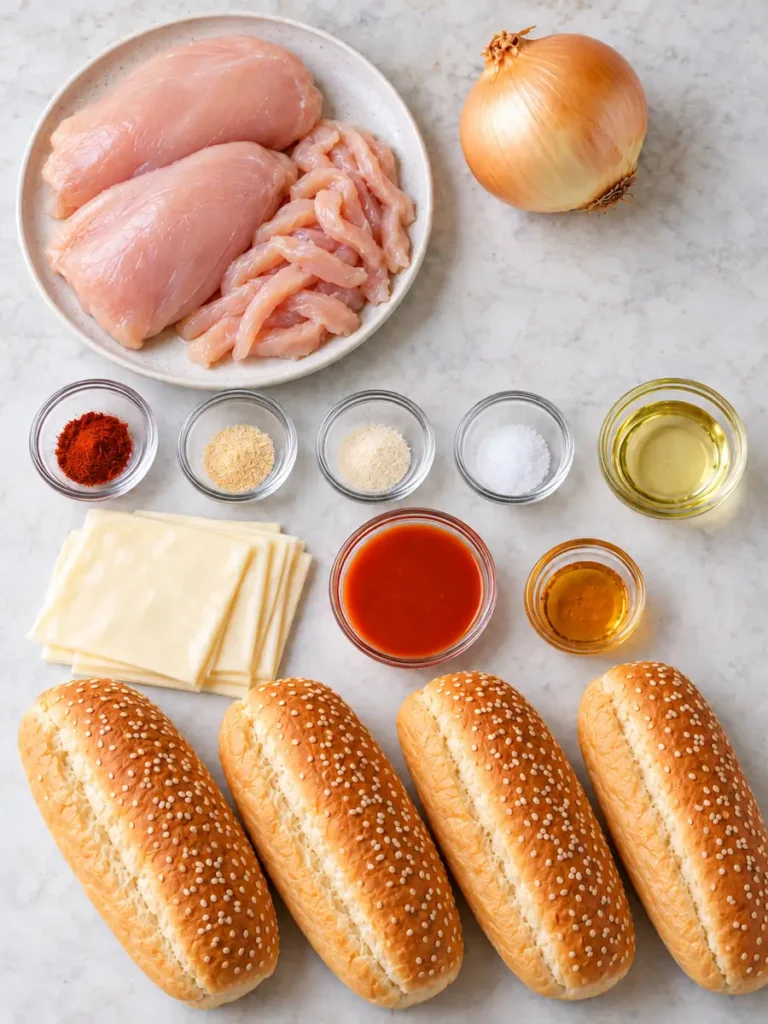 Ingredients for a homemade spicy chicken cheesesteak, including raw chicken, sesame rolls, white American cheese, onion, seasonings, hot sauce, and honey.