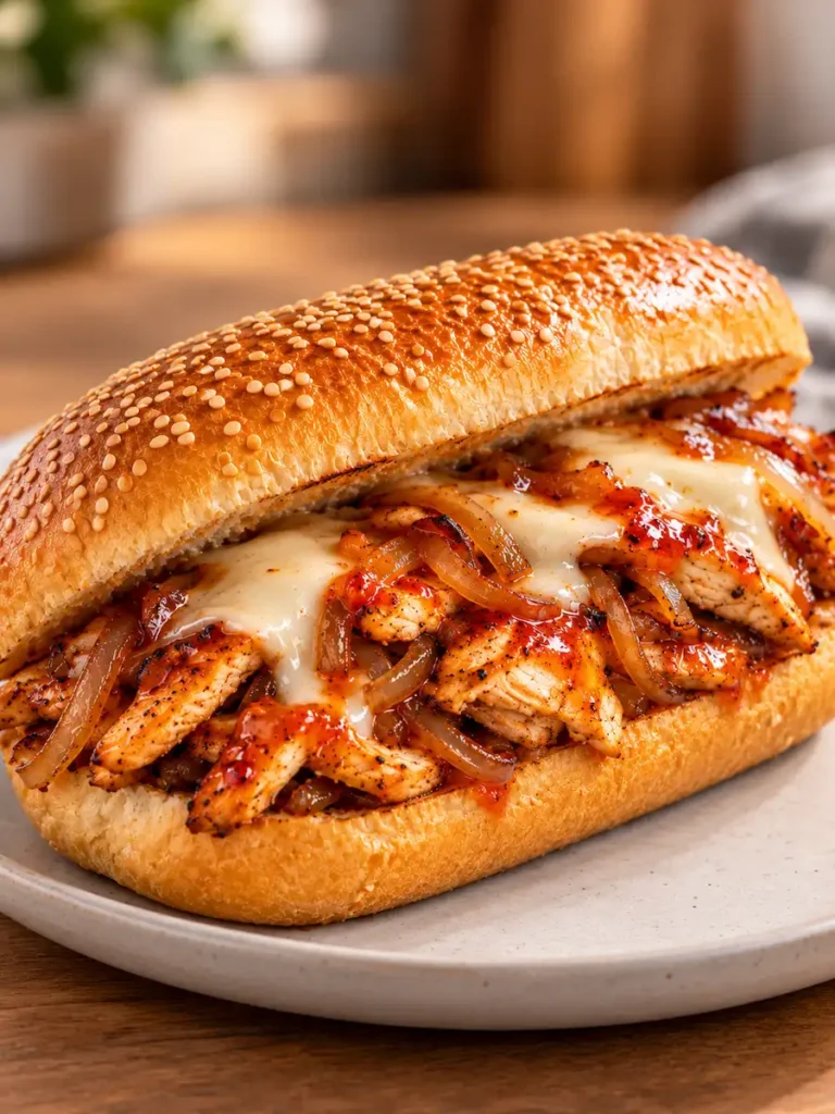 Sesame sub roll filled with sliced spicy chicken, caramelized onions, melted white American cheese, and red glaze.