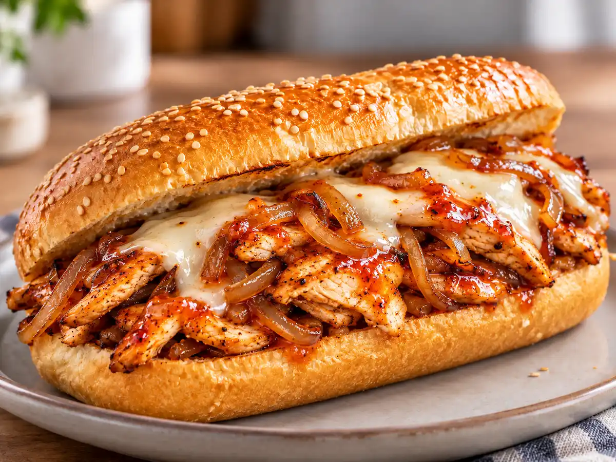 Sesame sub roll filled with sliced chicken, melted white American cheese, caramelized onions, and red spicy glaze.