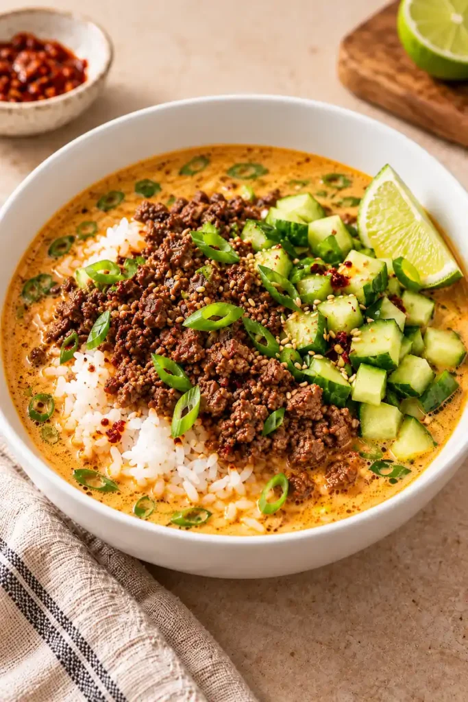 Beef broth bowl with jasmine rice, browned ground beef, coconut curry broth, diced cucumber, green onions, sesame seeds, and lime