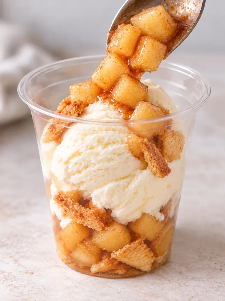 Spoon adding cinnamon-spiced apple pieces over vanilla ice cream in a clear sundae cup with crispy pie crust pieces.