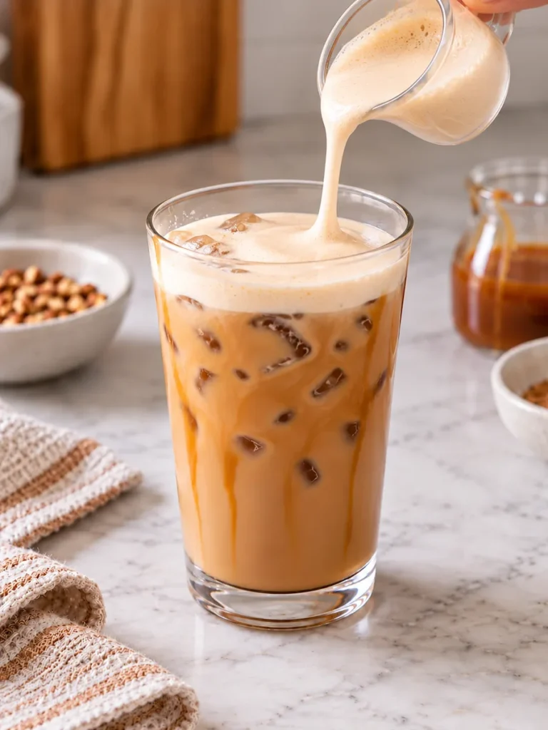 Brown sugar cold foam being poured over an iced pecan latte in a clear glass with ice and caramel drizzle.