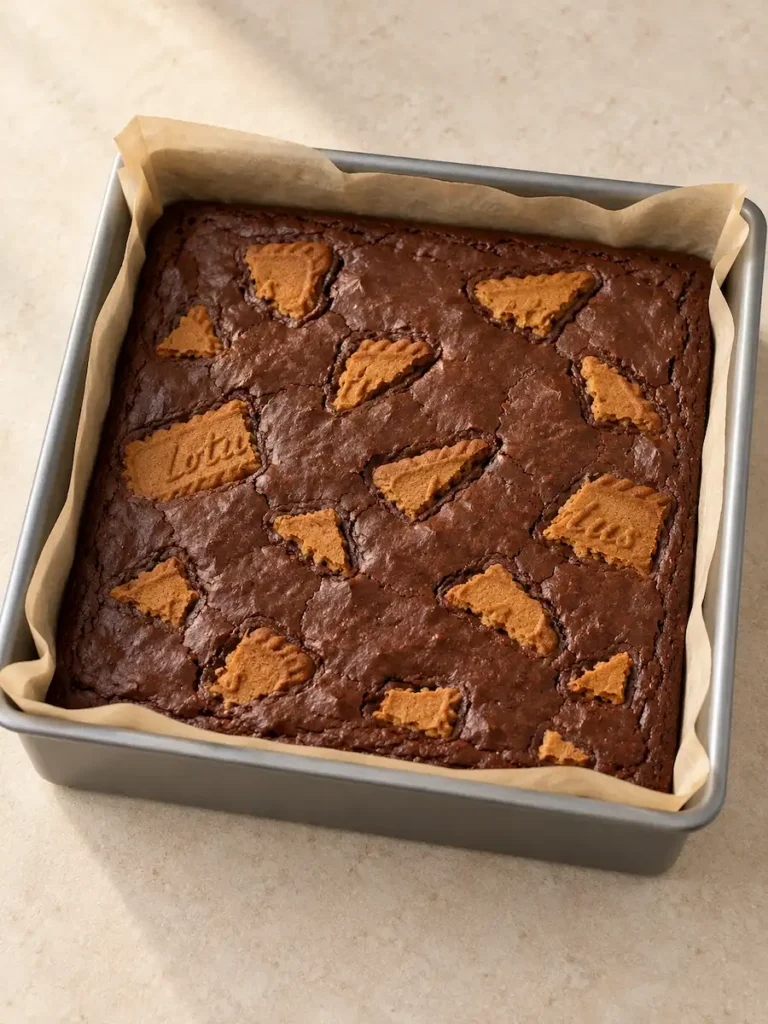 Baked chocolate brownie with Biscoff cookie pieces in a parchment-lined square pan