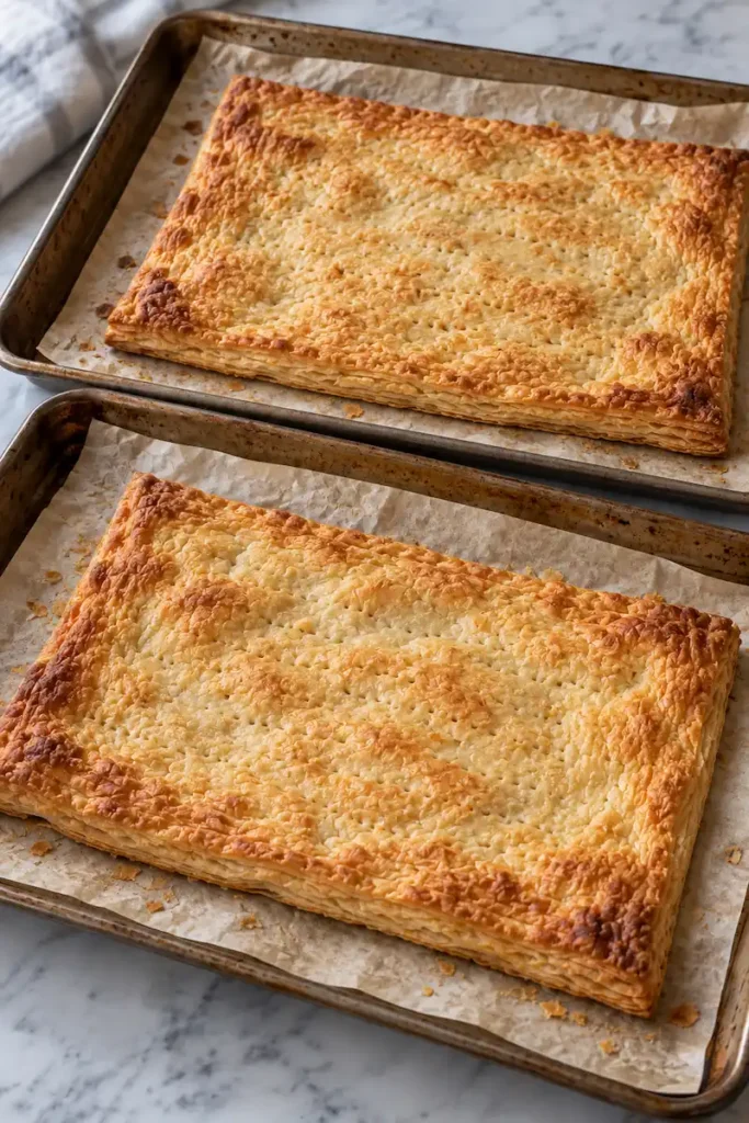 Two flat golden baked puff pastry sheets cooling on parchment-lined baking sheets
